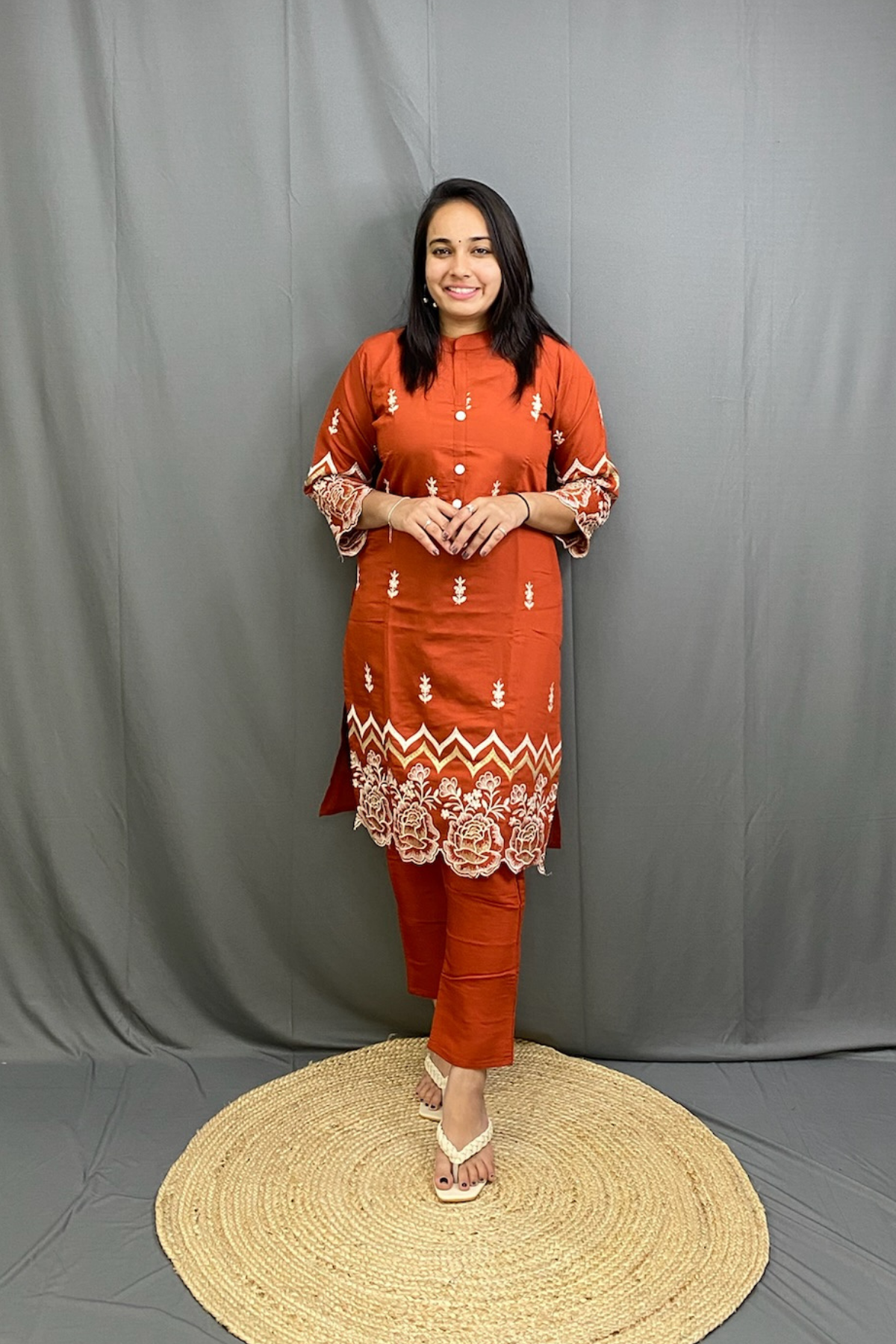 Beautiful Orange Embroidery Smart Casual Cotton Cord Set