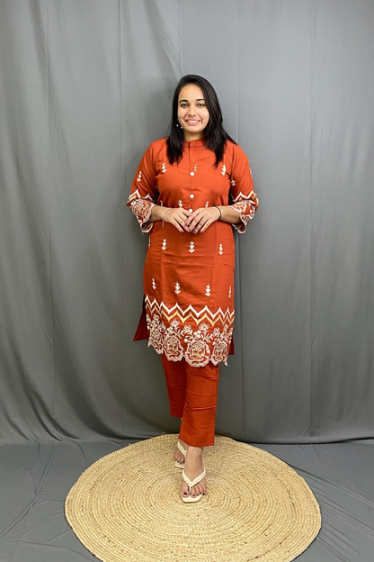Beautiful Orange Embroidery Smart Casual Cotton Cord Set