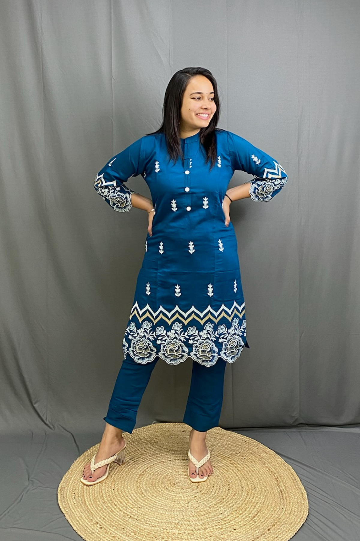 Beautiful Blue Embroidery Cotton Cord Set