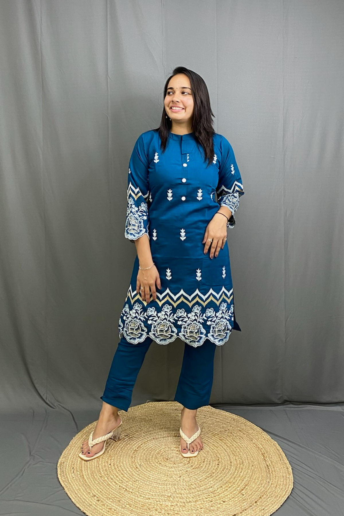 Beautiful Blue Embroidery Cotton Cord Set