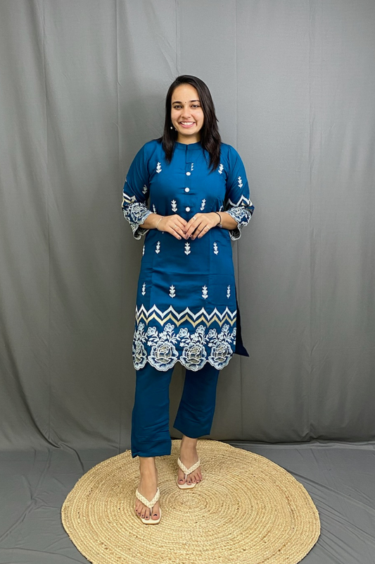 Beautiful Blue Embroidery Cotton Cord Set