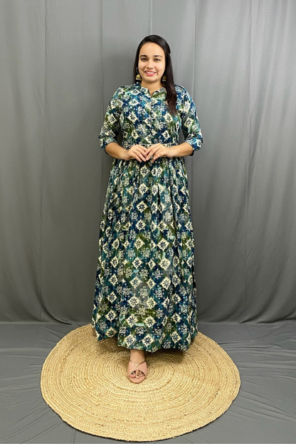 Green Mulitcolor Elegant Ethnic Full Ghera Gown with Cancan, Belt & Intricate Tiladi Work