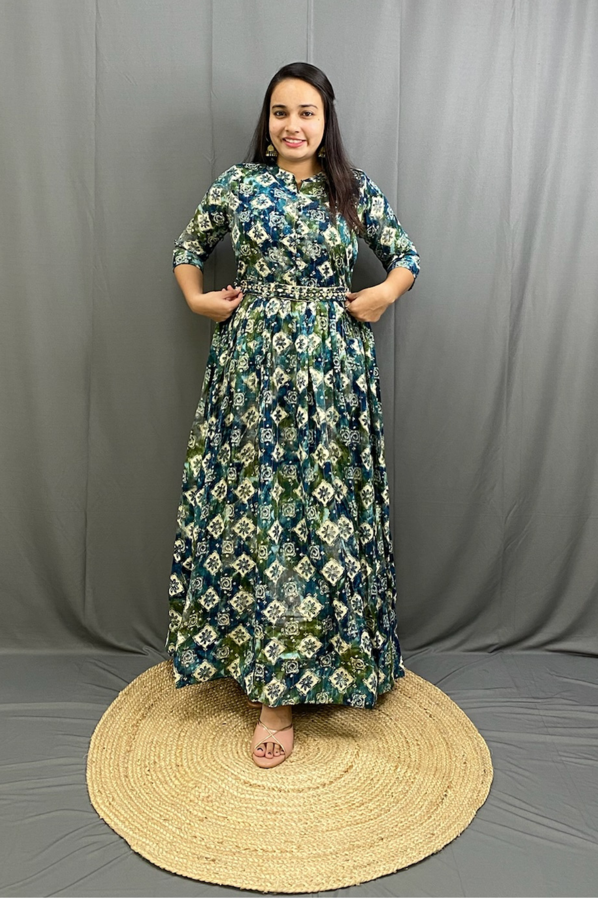 Green Mulitcolor Elegant Ethnic Full Ghera Gown with Cancan, Belt & Intricate Tiladi Work