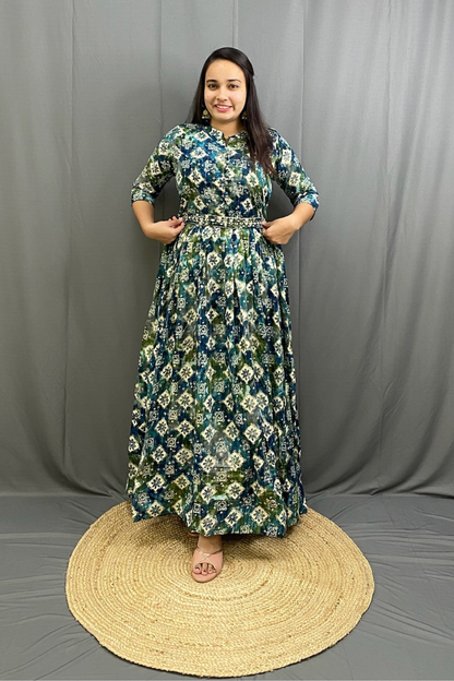 Green Mulitcolor Elegant Ethnic Full Ghera Gown with Cancan, Belt & Intricate Tiladi Work