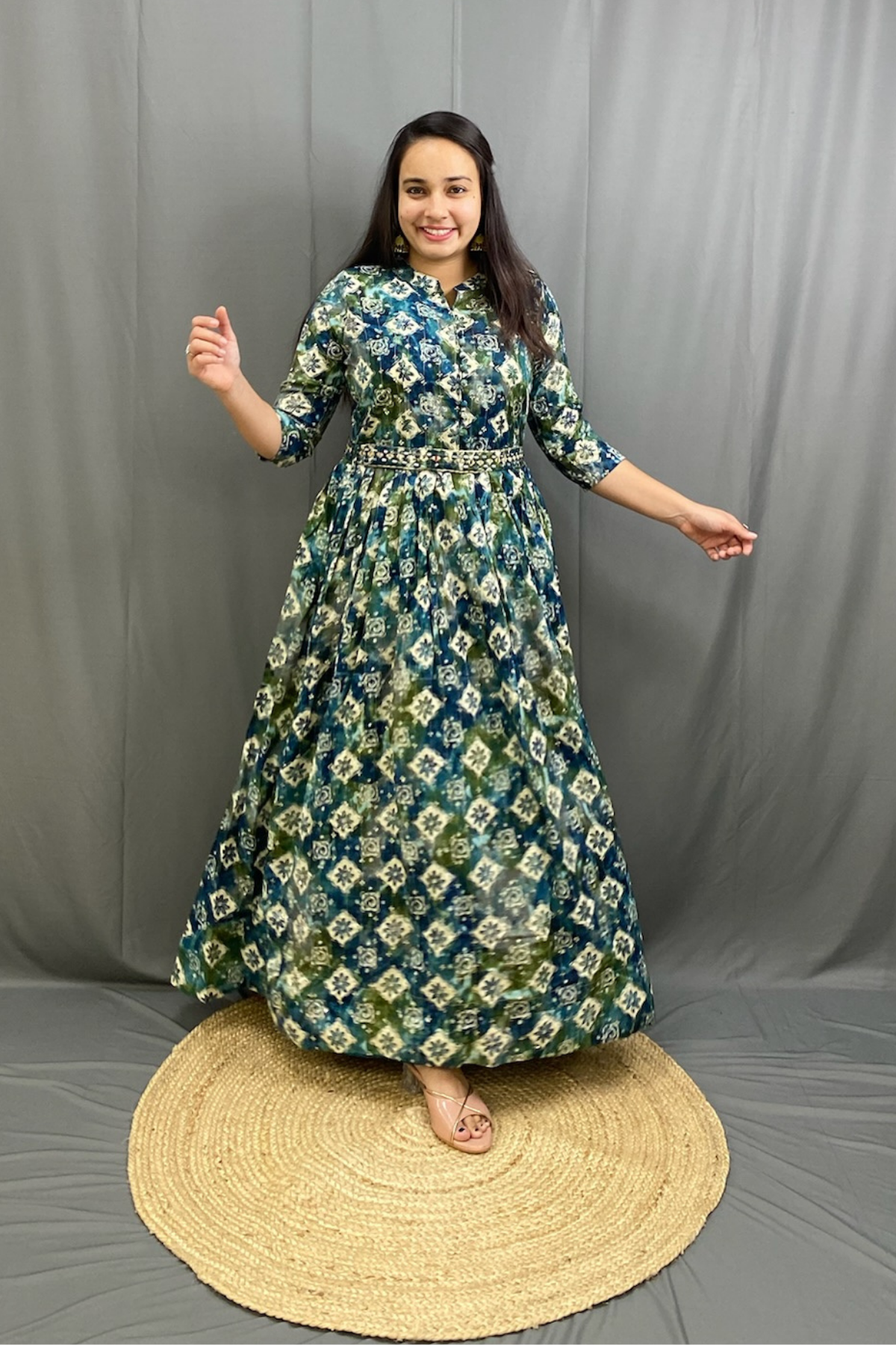 Green Mulitcolor Elegant Ethnic Full Ghera Gown with Cancan, Belt & Intricate Tiladi Work