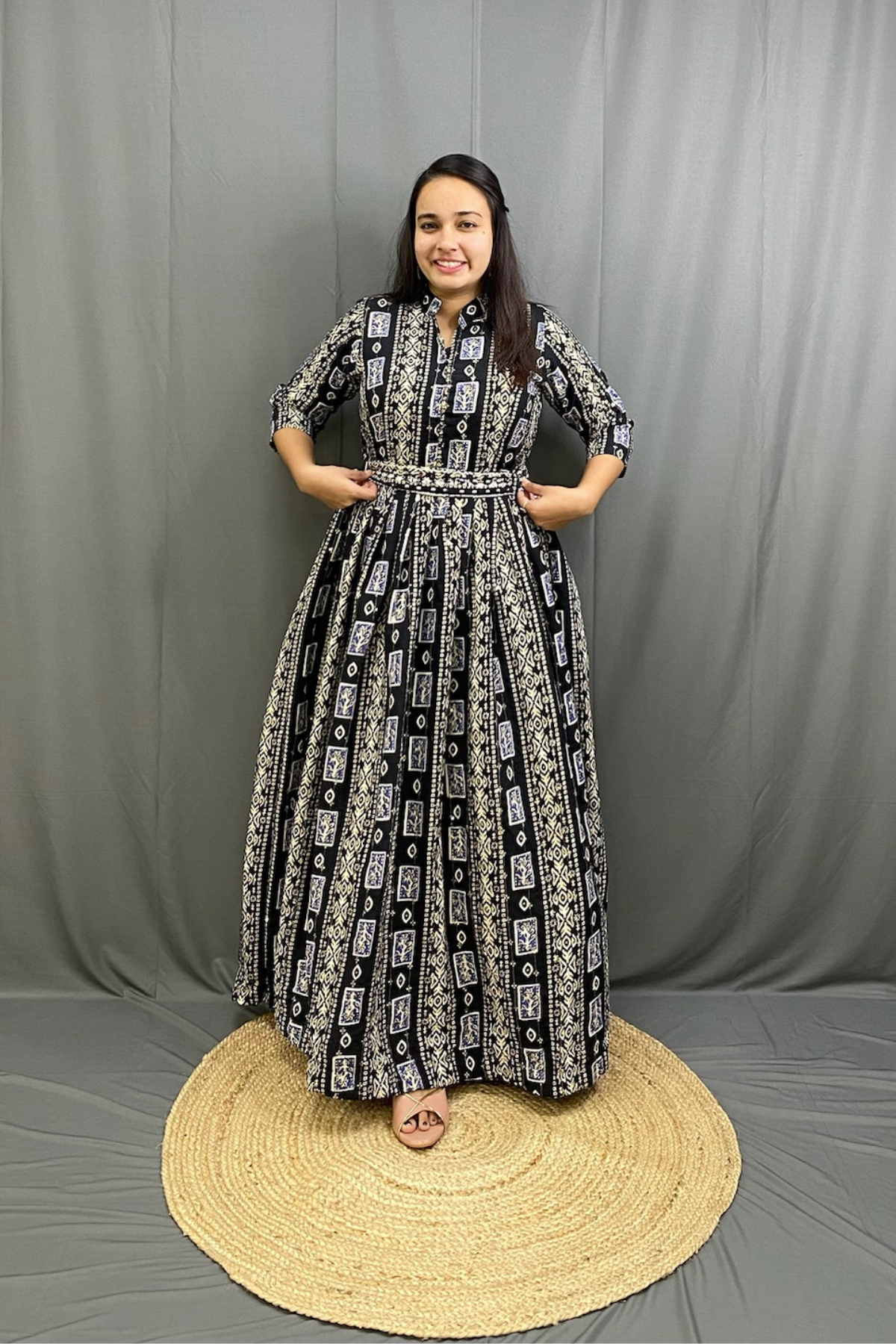 Black Mulitcolor Elegant Ethnic Full Ghera Gown with Cancan, Belt & Intricate Tiladi Work