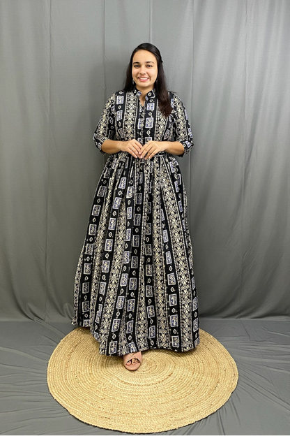 Black Mulitcolor Elegant Ethnic Full Ghera Gown with Cancan, Belt & Intricate Tiladi Work