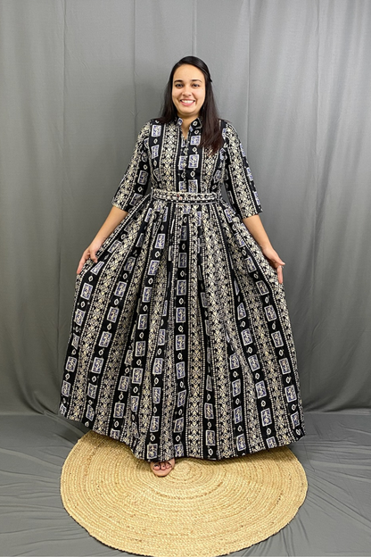 Black Mulitcolor Elegant Ethnic Full Ghera Gown with Cancan, Belt & Intricate Tiladi Work