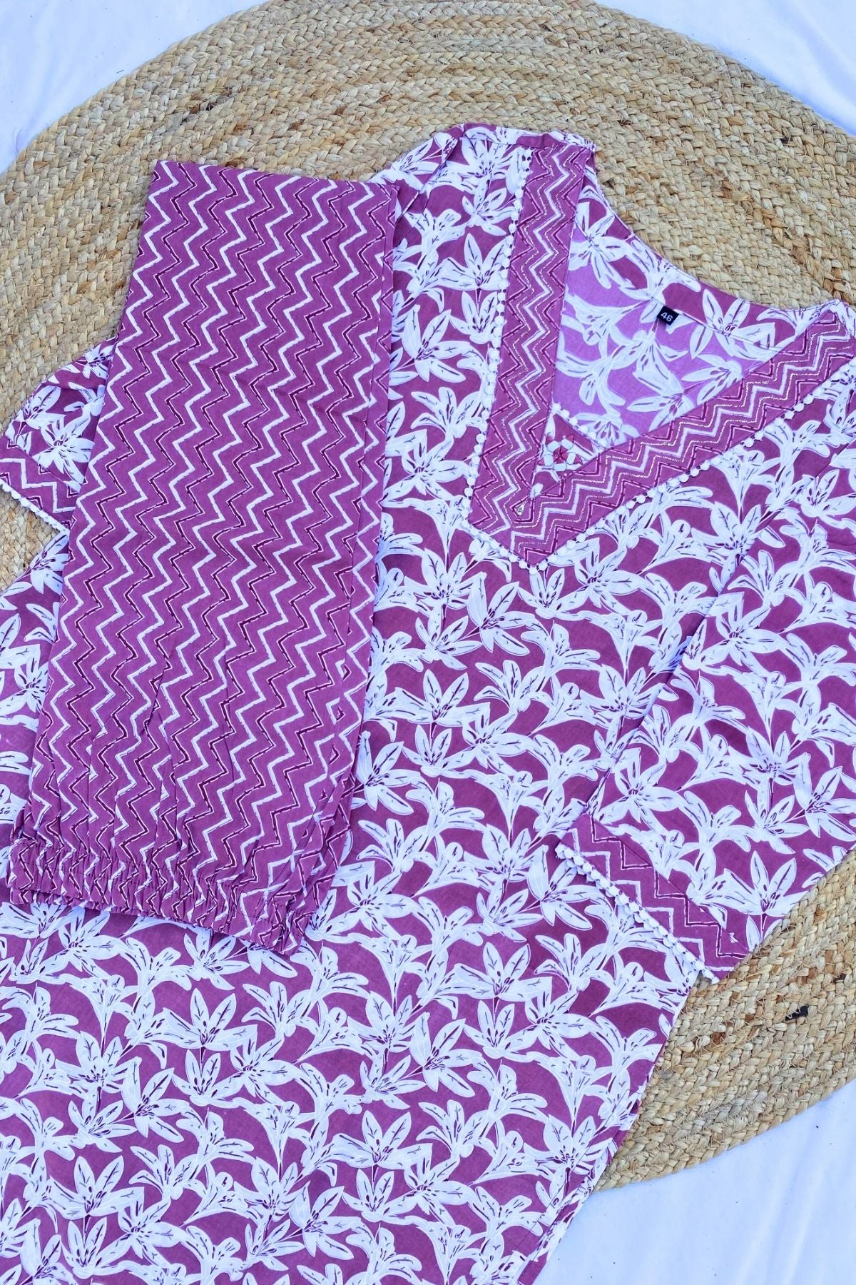 Plus Size Premium Cotton Pink Floral Print V-Neck Kurti Pant Set with & Dupatta