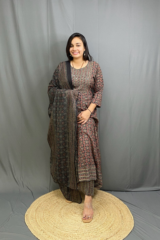 Pure Cotton Ajrakh Print Anarkali Suit Set with Soft Mul Cotton Dupatta