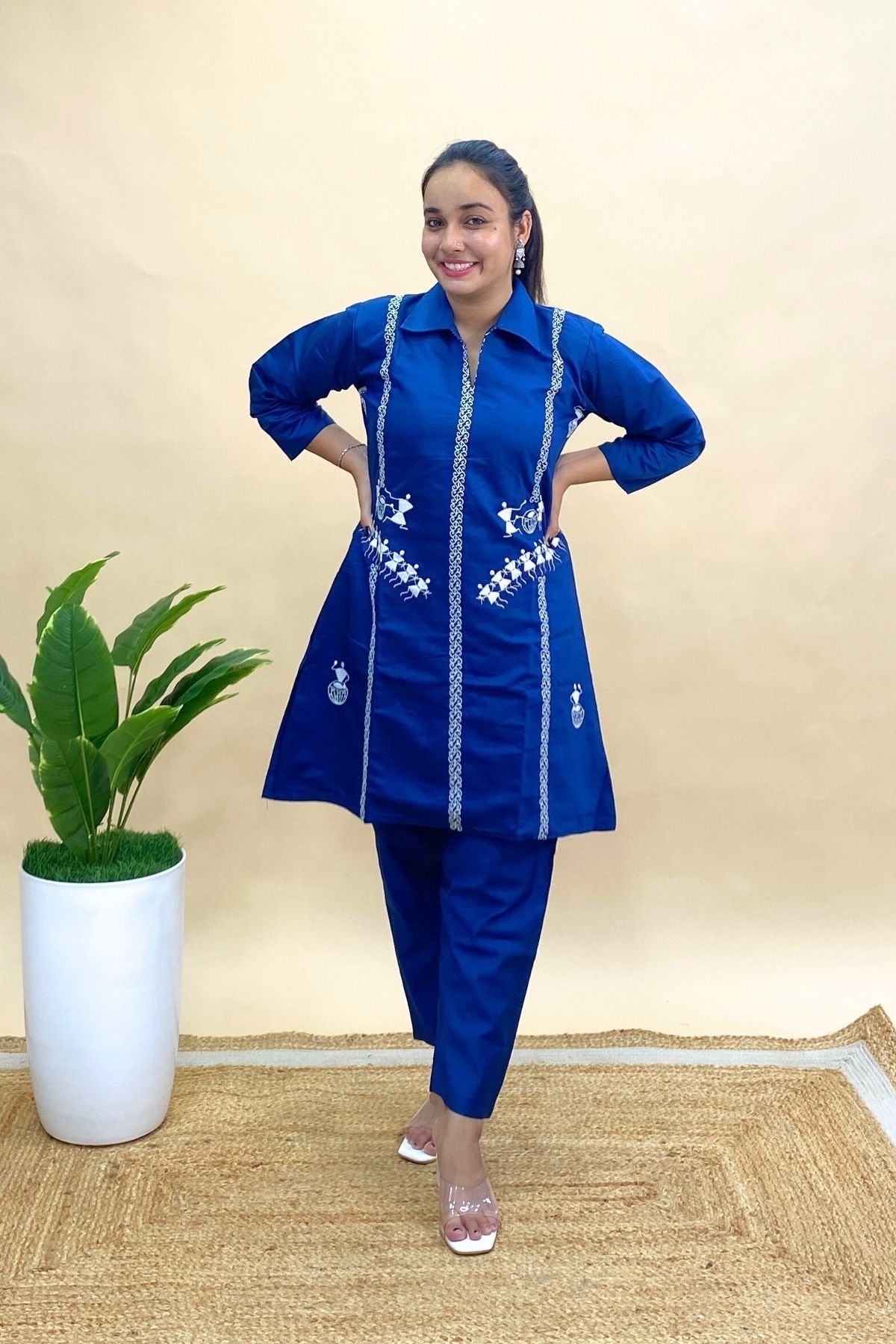 Premium Silk Embroidered Co-ord Set with Worli-Inspired Design, Kurti & Pant Set