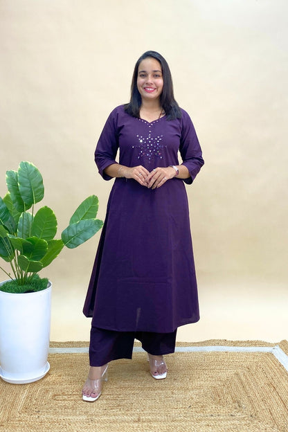 Cotton Co-ord Set with Mirror Work, Long Round Kurti & Palazzo Pants with One Side Pocket