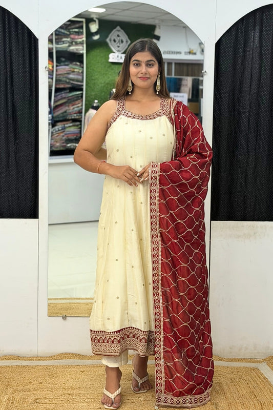 Roman Silk Sleeveless Anarkali Suit Set with Tikki Work & Contrast Embroidered Dupatta