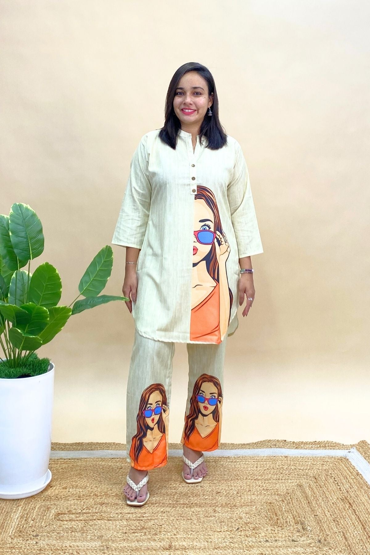 Rayon Printed Co-ord Set in Shirt-Style Top & Pants with Artistic Girl Face Print
