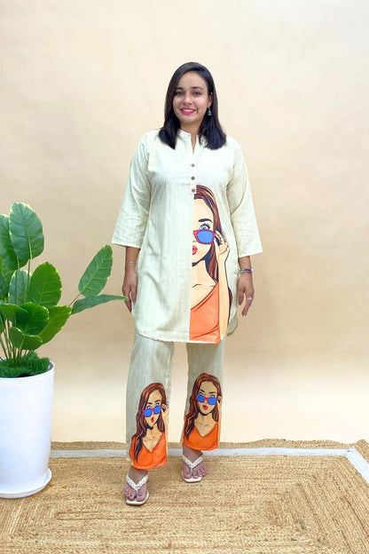 Rayon Printed Co-ord Set in Shirt-Style Top & Pants with Artistic Girl Face Print