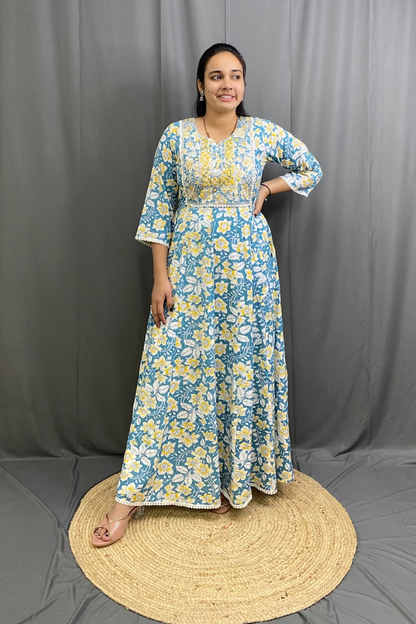 Elegant Bloom Floral Cotton Ghera Kurti with Dupatta