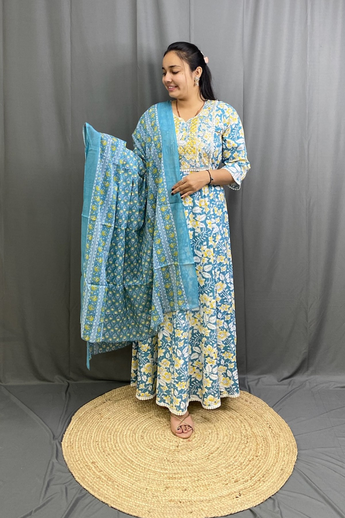 Elegant Bloom Floral Cotton Ghera Kurti with Dupatta