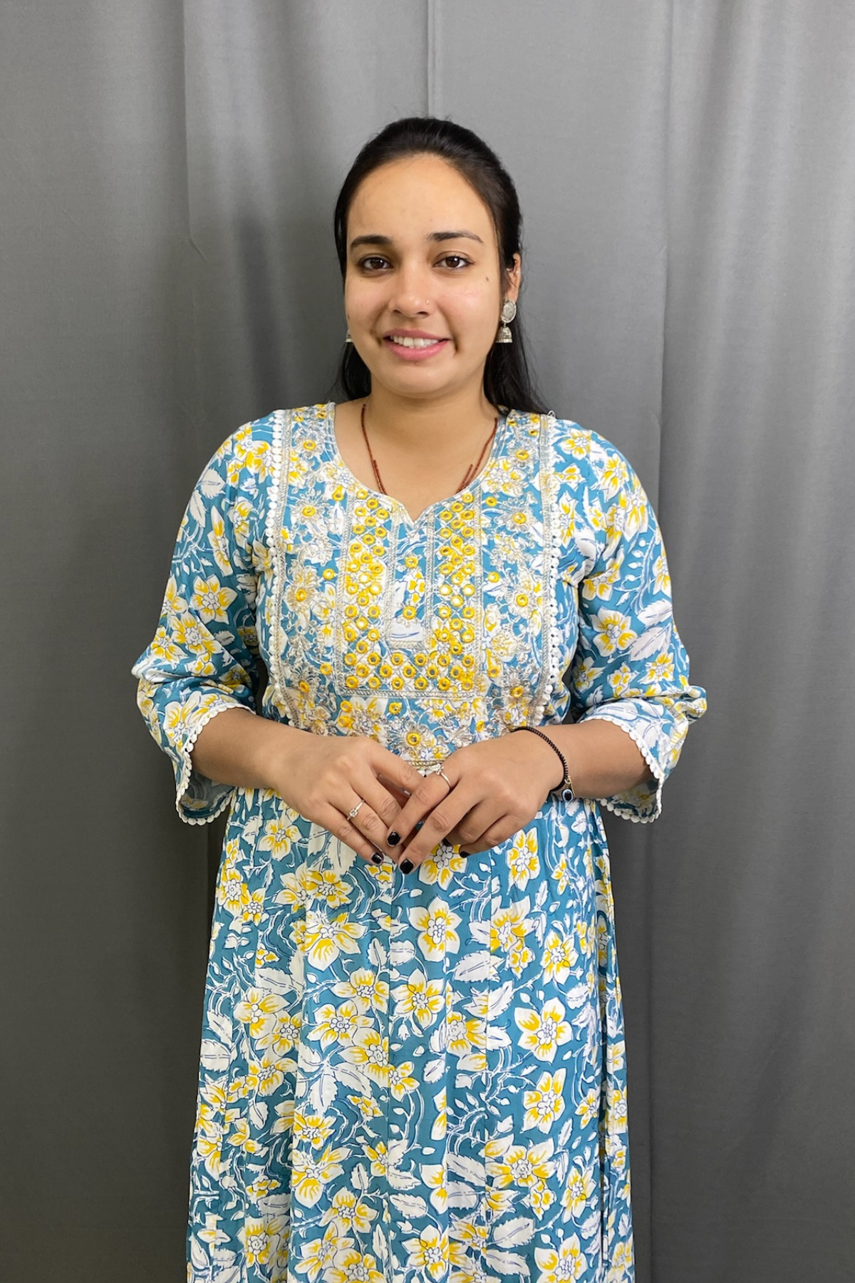 Elegant Bloom Floral Cotton Ghera Kurti with Dupatta