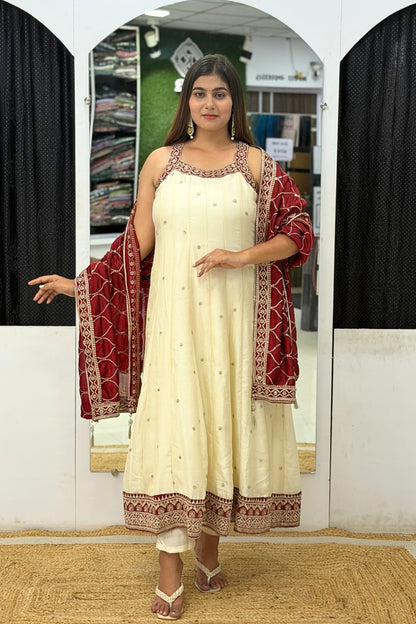 Roman Silk Sleeveless Anarkali Suit Set with Tikki Work & Contrast Embroidered Dupatta