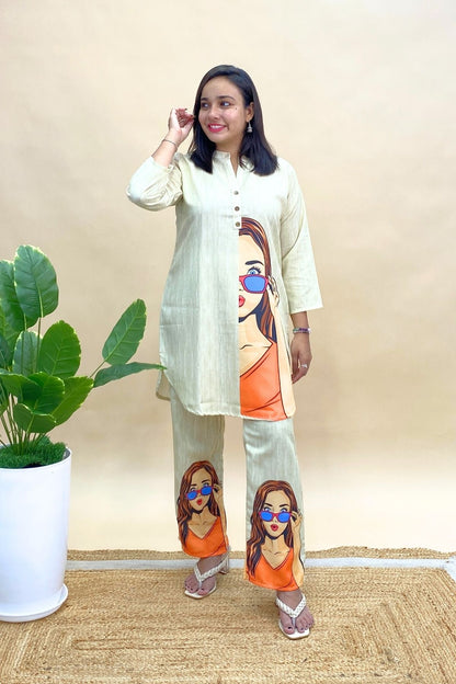 Rayon Printed Co-ord Set in Shirt-Style Top & Pants with Artistic Girl Face Print