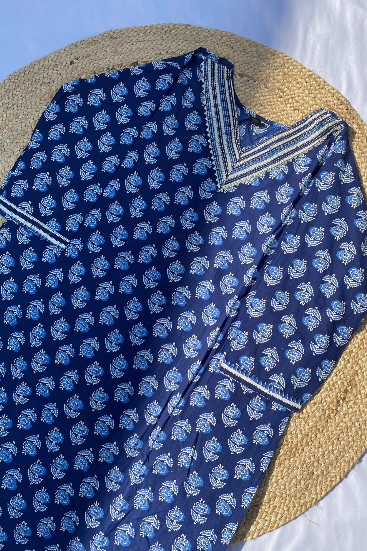 A plus-size V-neck cotton Kurti pant set with a dupatta