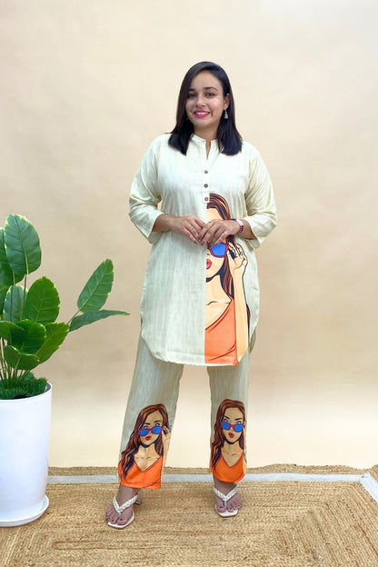 Rayon Printed Co-ord Set in Shirt-Style Top & Pants with Artistic Girl Face Print