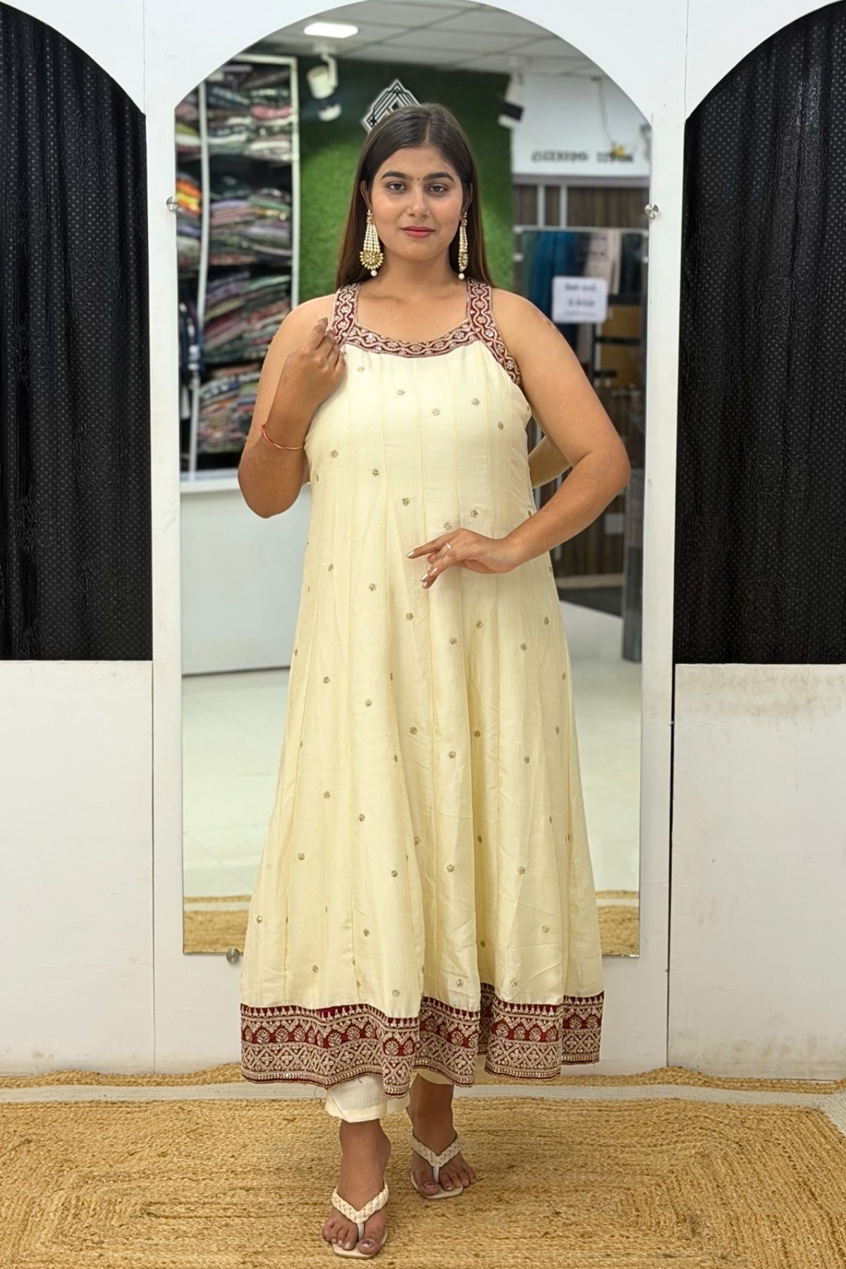 Roman Silk Sleeveless Anarkali Suit Set with Tikki Work & Contrast Embroidered Dupatta