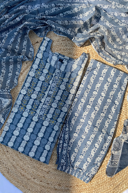 A plus size cotton suit set with dupatta, featuring a blue and white geometric pattern, displayed on a straw mat.