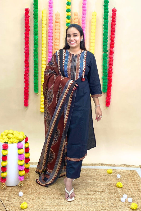 Premium Cotton Straight Kurti Pant Dupatta Set with Tribal Embroidery & Tassel Work