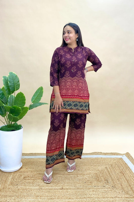Rayon Printed Co-ord Set with Short Kurti & Matching Pants – Comfortable Daily & Travel Wear