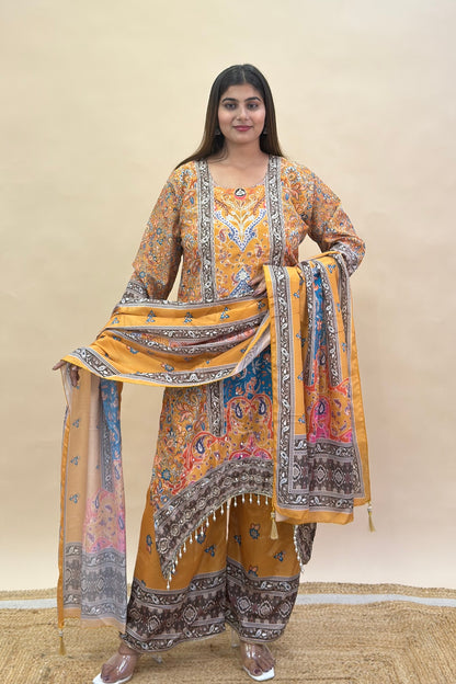 Premium Chinon Silk Asymmetric Kurta Set with Thread & Moti Work, Digital Print Palazzo & Dupatta