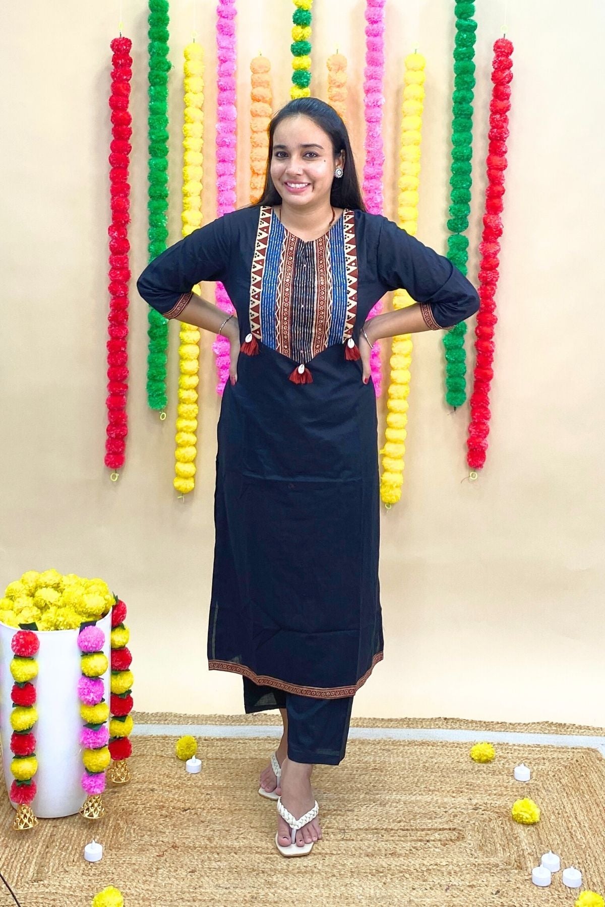 Premium Cotton Straight Kurti Pant Dupatta Set with Tribal Embroidery & Tassel Work