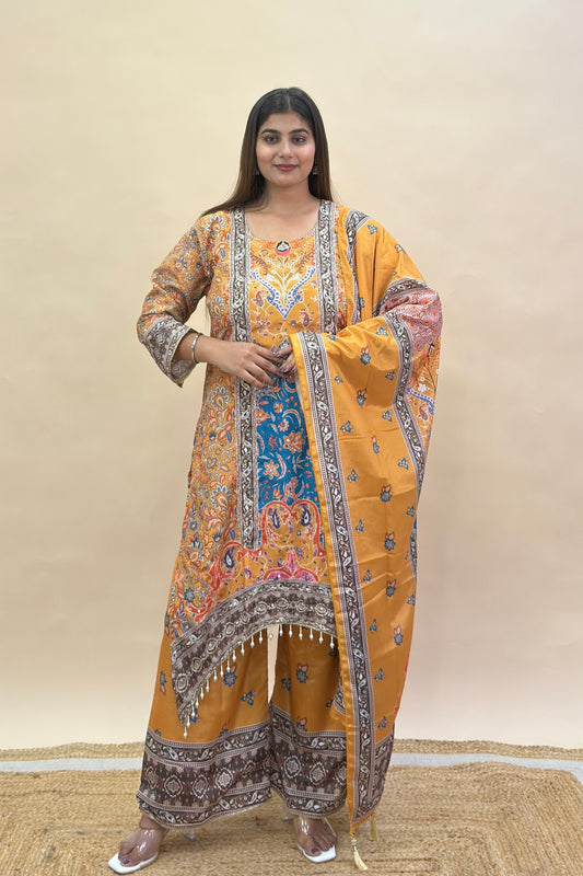 Premium Chinon Silk Asymmetric Kurta Set with Thread & Moti Work, Digital Print Palazzo & Dupatta