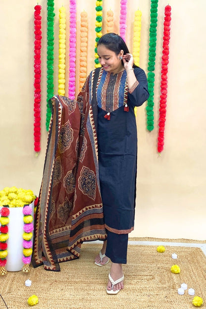 Premium Cotton Straight Kurti Pant Dupatta Set with Tribal Embroidery & Tassel Work