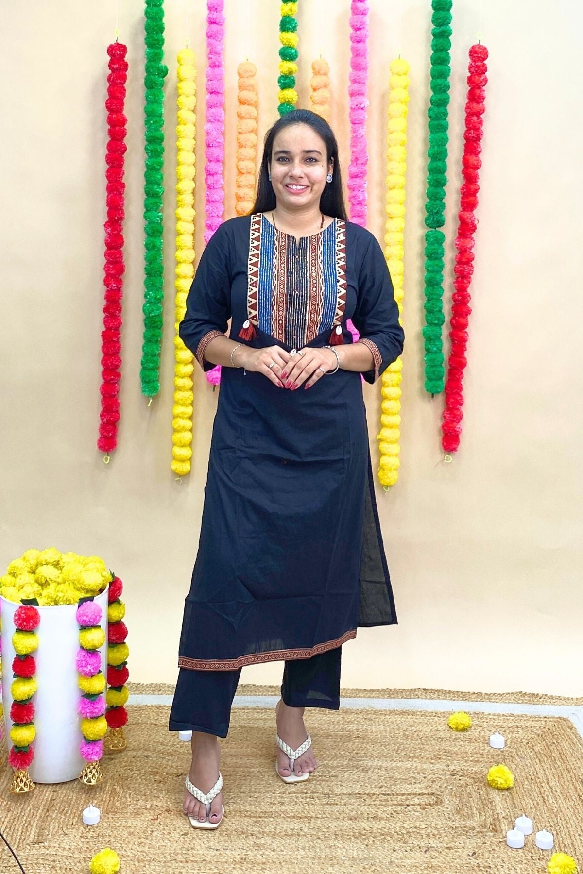 Premium Cotton Straight Kurti Pant Dupatta Set with Tribal Embroidery & Tassel Work