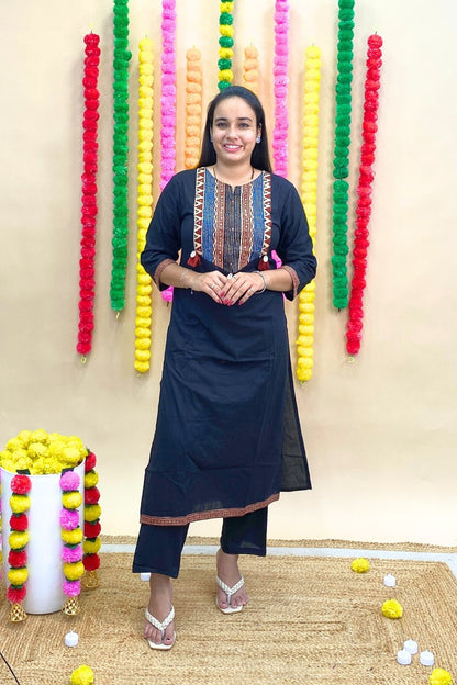 Premium Cotton Straight Kurti Pant Dupatta Set with Tribal Embroidery & Tassel Work