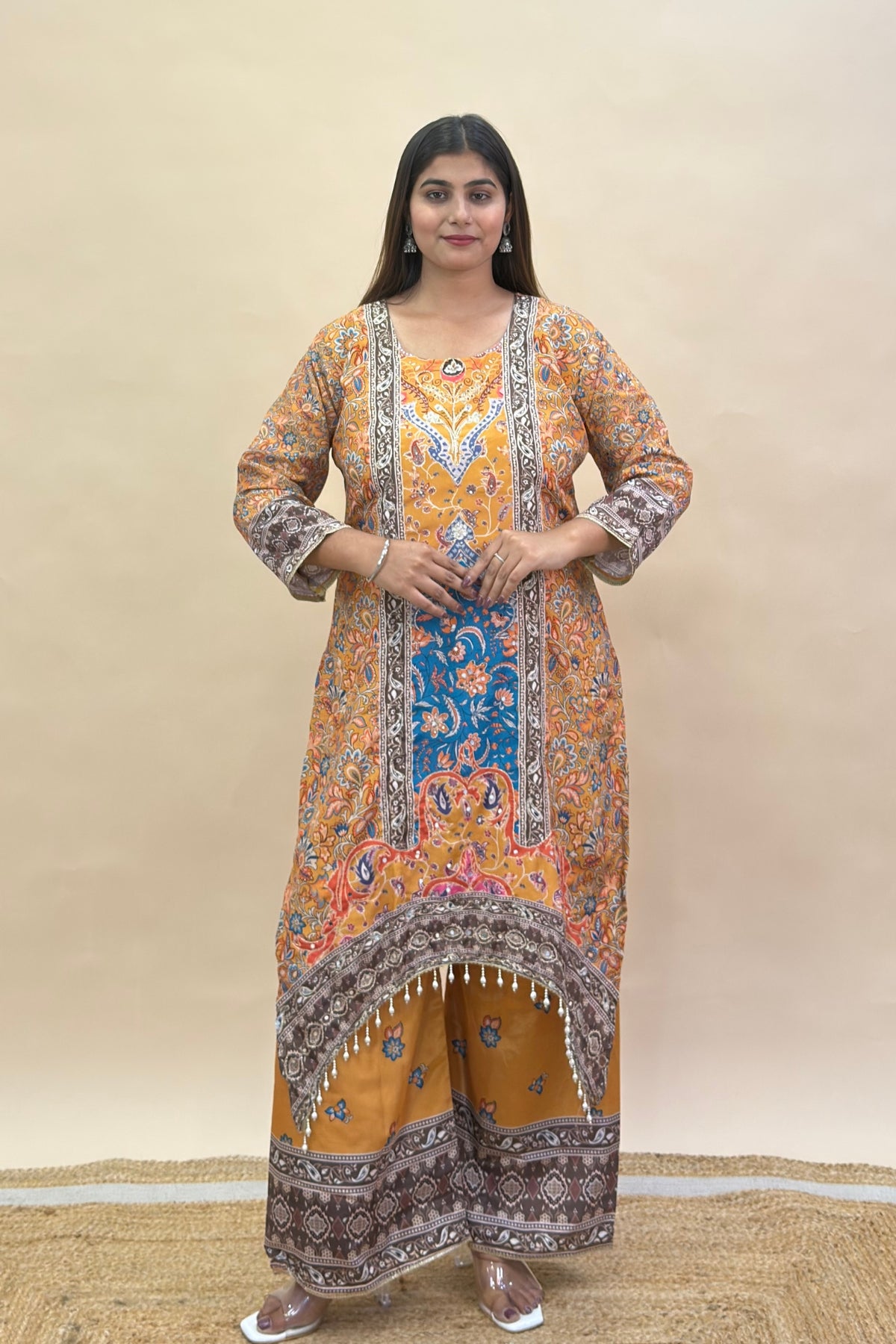 Premium Chinon Silk Asymmetric Kurta Set with Thread & Moti Work, Digital Print Palazzo & Dupatta