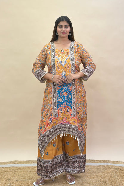 Premium Chinon Silk Asymmetric Kurta Set with Thread & Moti Work, Digital Print Palazzo & Dupatta