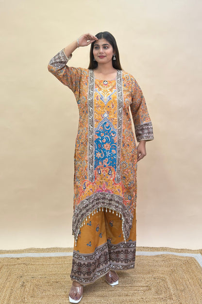 Premium Chinon Silk Asymmetric Kurta Set with Thread & Moti Work, Digital Print Palazzo & Dupatta