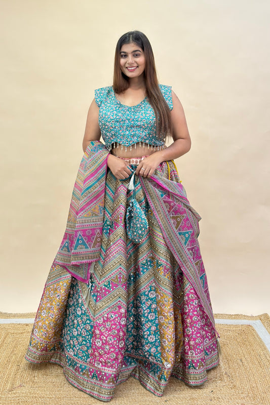 Plus Size Multicolor Mirror Work Lehenga Choli Set with Potli & Dupatta