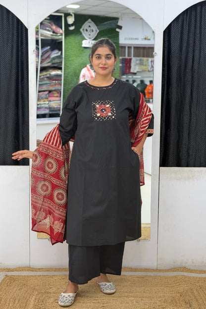 Premium Cotton Kurta Pant Dupatta Set with Kutchi Mirror Work & Ajrak Print Dupatta