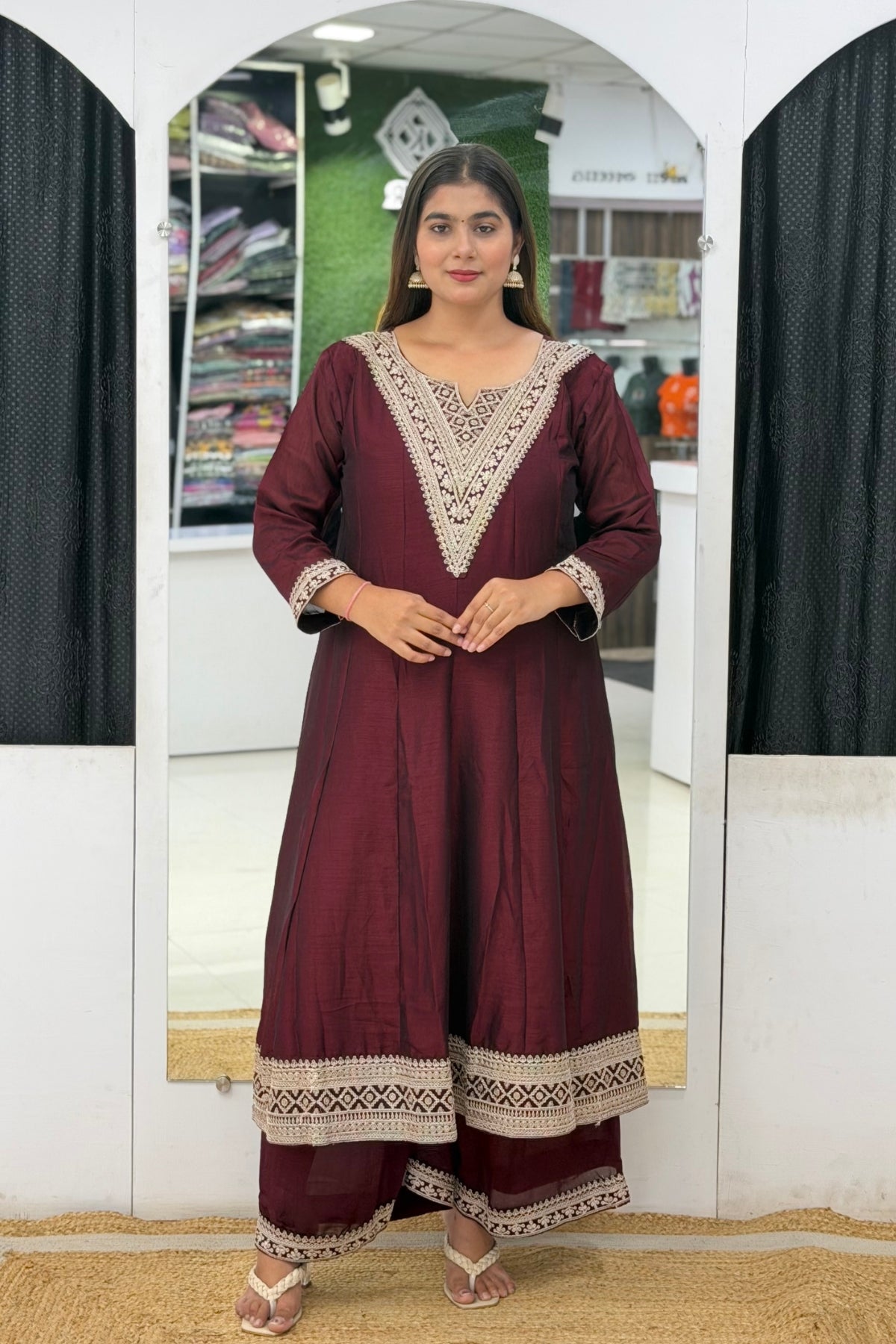 Roman Silk Ghera Anarkali Palazzo Set with Zari Embroidery & Embroidered Dupatta