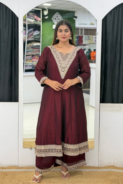 Roman Silk Ghera Anarkali Palazzo Set with Zari Embroidery & Embroidered Dupatta