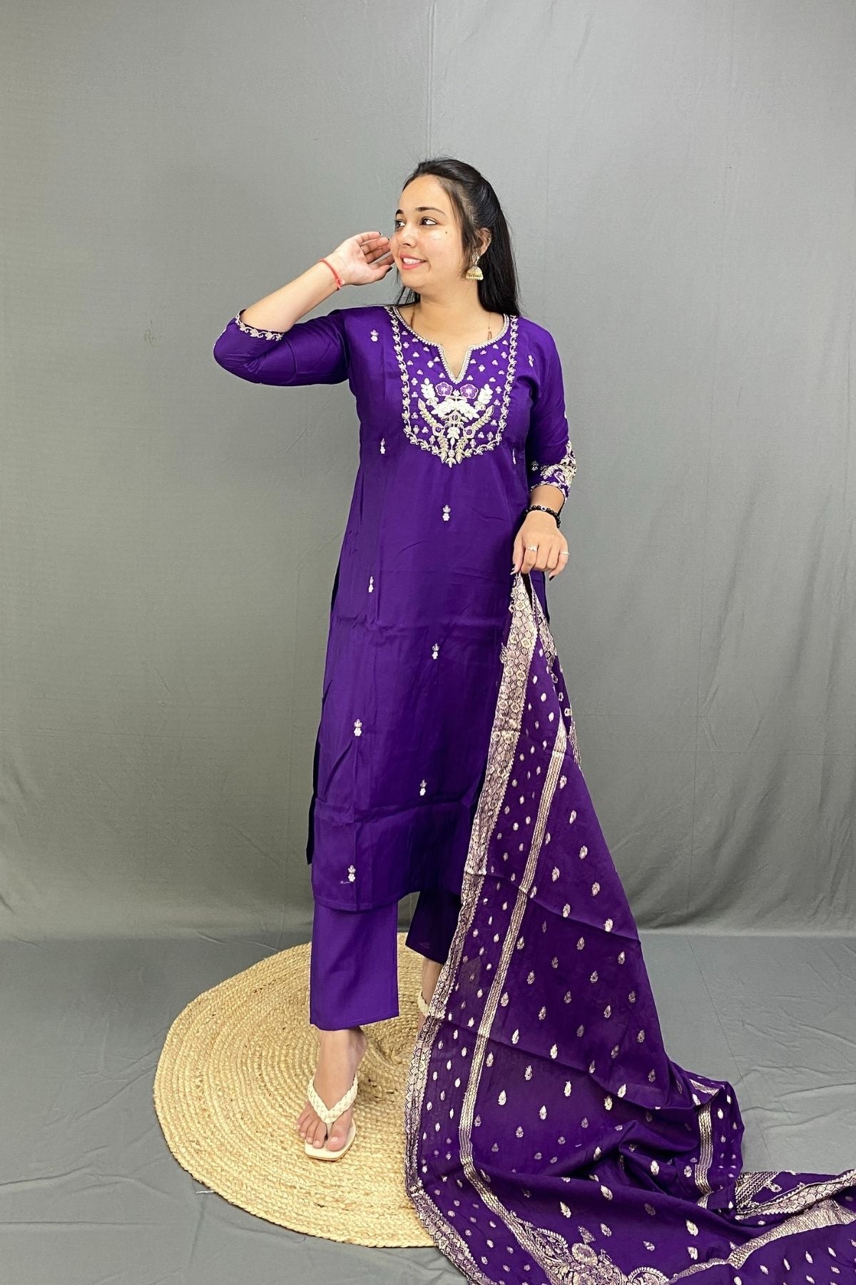 Roman Silk Kurti Set with Zari-Tikki Work over Neckline and Sleeves with Banarasi Style Dupatta
