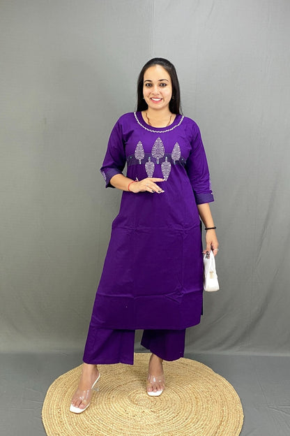 Deep Purple Pure Cotton Co-ord Set with front Embroidery and Block Print