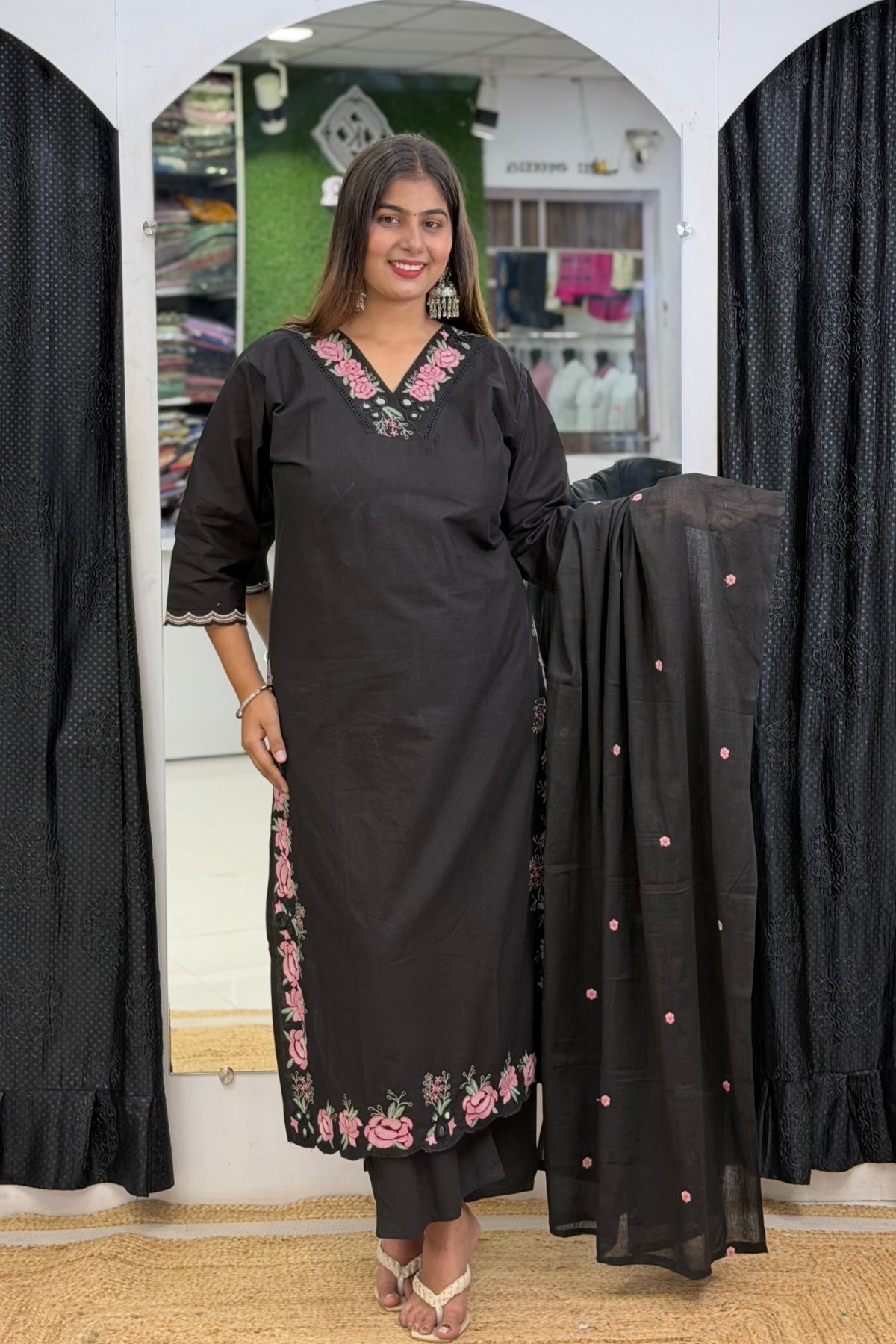 Pure Cotton V-Neck Kurta Palazzo Dupatta Set with Floral Thread Embroidery