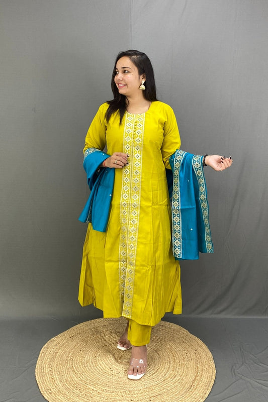 Sherwani-Inspired Premium Silk Kurti Pant Set with Contrast Banarasi Dupatta