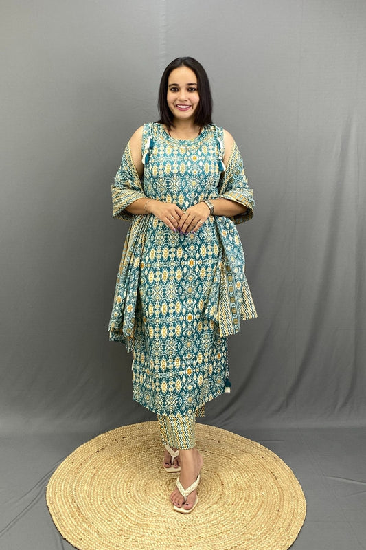 Cotton Kurti Pant Dupatta Set with Shoulder & Side Dori, Latkans, Sleeveless with Extra Sleeves
