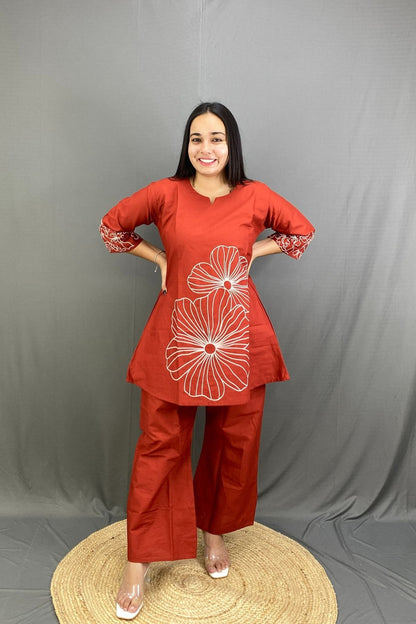 Premium Cotton Rust A-Line Co-ord Set with Elegant White Floral Embroidery