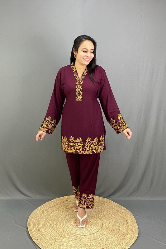 Soft Rayon Embroidered Co-ord Set with V-Neck Printed Ethnic Wear